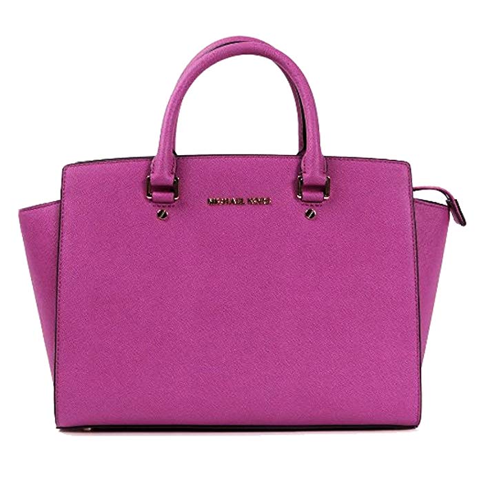 Michael Kors Selma Handbag Large Satchel East West Leather Tote, Fuchsia