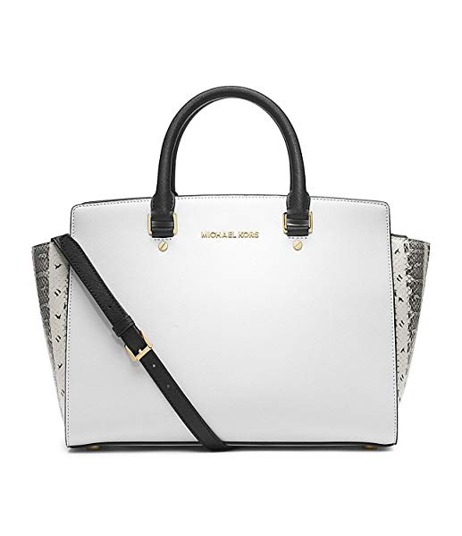 MICHAEL Michael Kors Selma Large Satchel in White/Black Snake