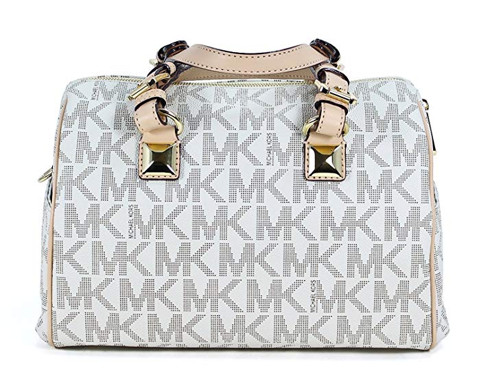 Michael Kors MD Grayson Satchel Handbag Signature MK Vanilla PVC with Cross Body Strap