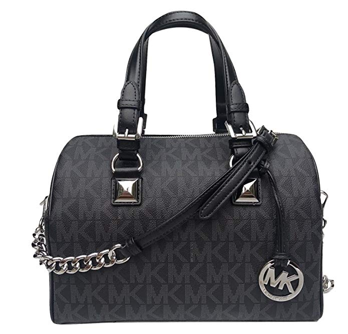 Michael Kors Grayson Medium Chain Signature Satchel (Black with Silver Hardware)