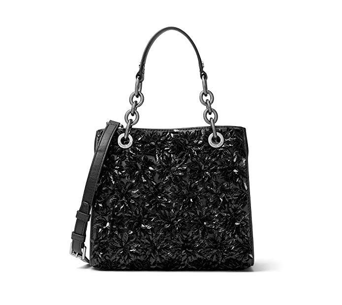 MICHAEL Michael Kors Womens Flora Burst Leather Satchel Handbag Black Small