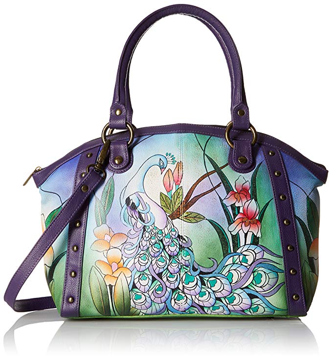 Anuschka Handpainted Leather Large Studded Satchel Midnight Peacock