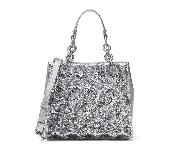 MICHAEL Michael Kors Womens Flora Burst Leather Satchel Handbag Silver Small