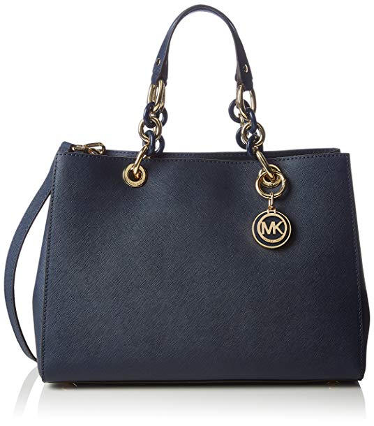 Michael Kors Cynthia Medium Leather Satchel in Navy Blue