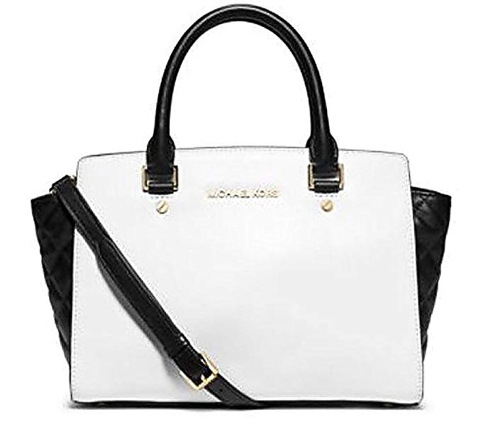 Michael Kors Selma Medium Color Block Satchel Optic White Black Quilted Leather Bag