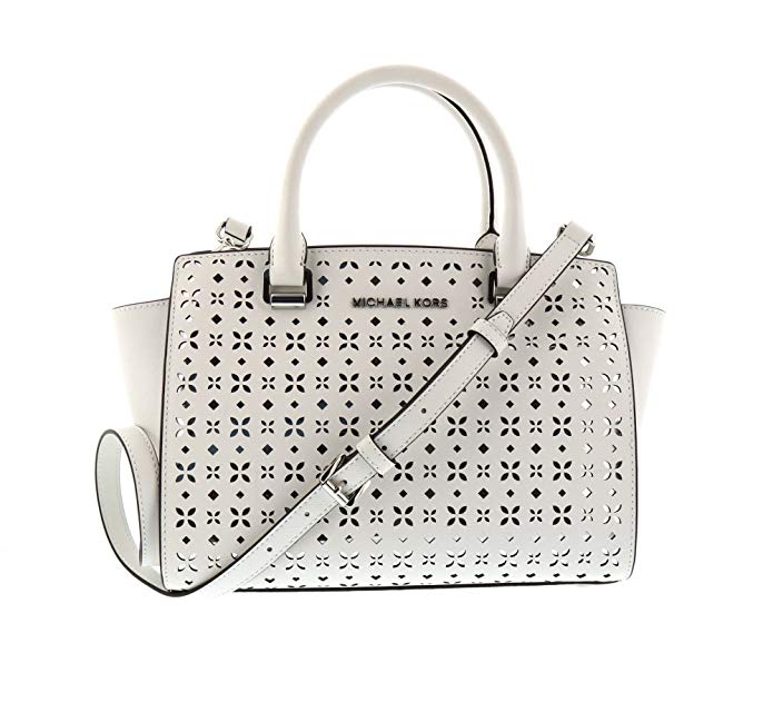 MICHAEL MICHAEL KORS Selma Medium Saffiano Leather Satchel (Medium, Perforated White)