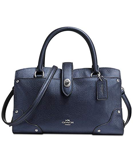 Coach Mercer 24 Pebbled Grain Leather Satchel Handbag in Metallic Midnight Blue