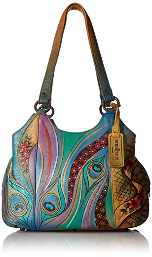 Anuschka Womens Leather Hand Painted Triple Compartment Medium Satchel Handbag