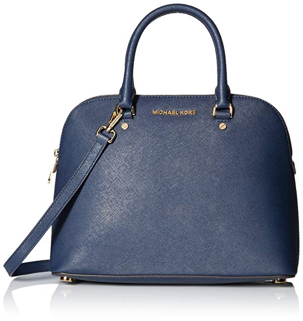 Michael Kors Saffiano Leather Cindy Lg Dome Satchel Shoulder Handbag in Navy