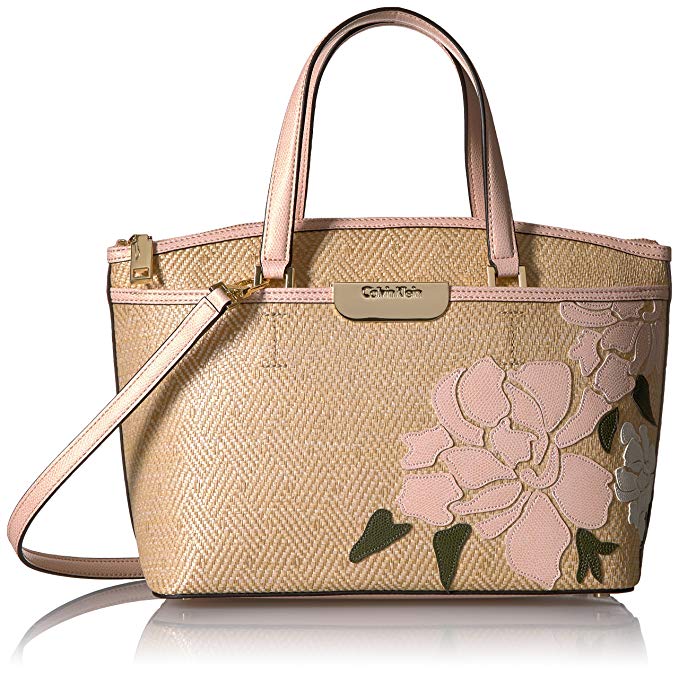 Calvin Klein Lola Straw Embroidered Floral Top Zip Satchel